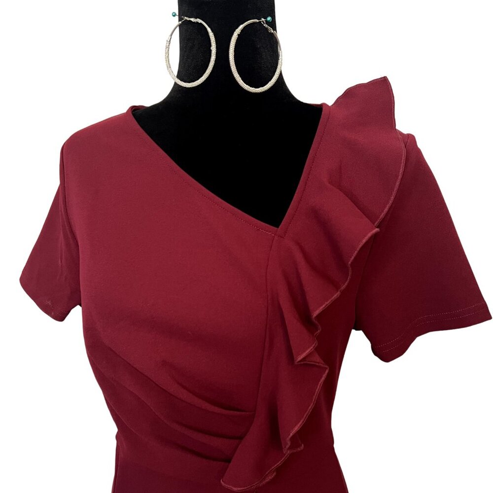 Aisize Ruffle Drapped 50s Vintage Style Dress Size Medium Burgundy Wine Party